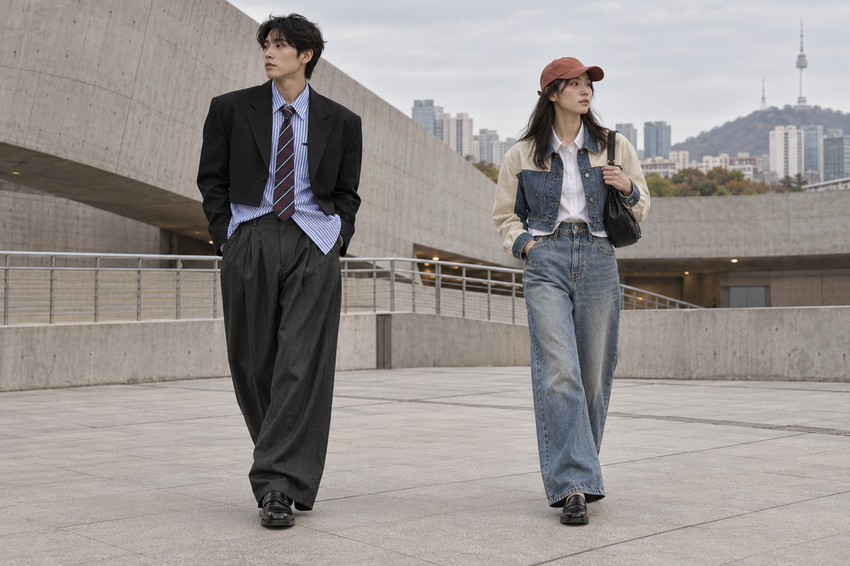 Deux silhouettes imaginées : tailoring à rayures et denim contrasté. Visuel généré.