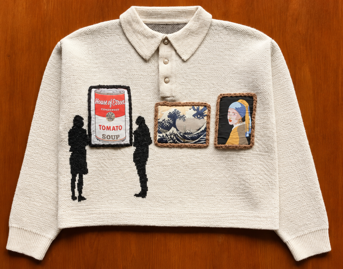 Pull polo écru à écussons illustrés