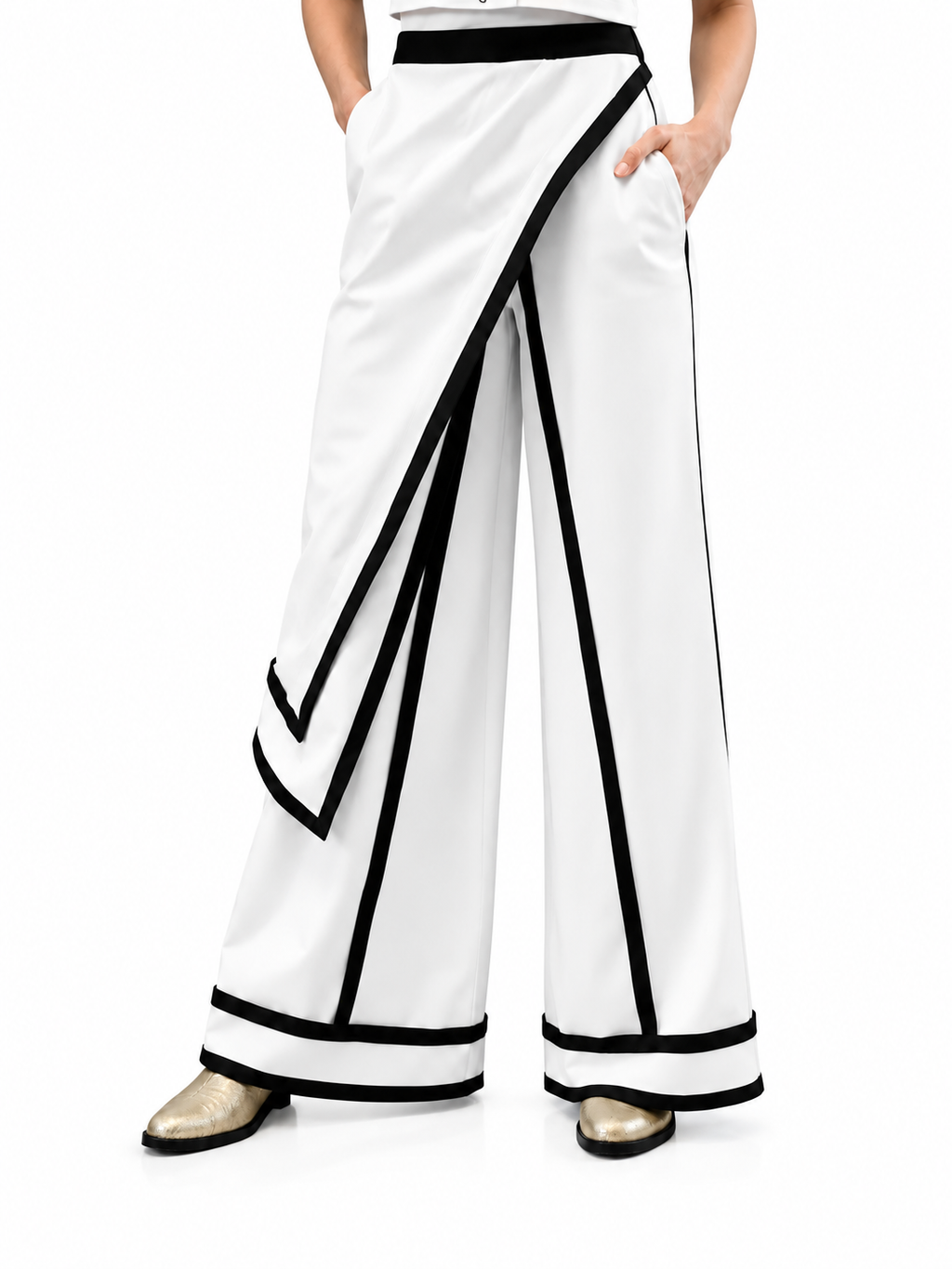 Pantalon blanc à panneaux bordés de noir — vue principale sur fond blanc
