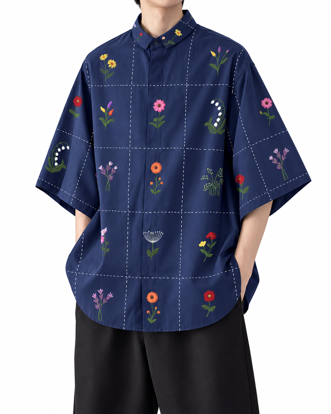 Chemise bleu marine à quadrillage et fleurs — vue complémentaire simulée sur fond blanc