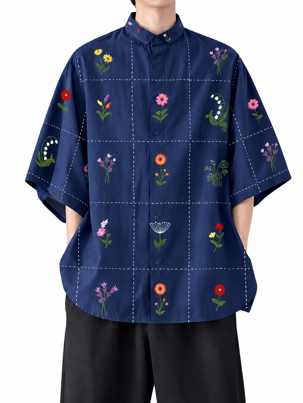 Chemise bleu marine à quadrillage et fleurs — vue principale sur fond blanc
