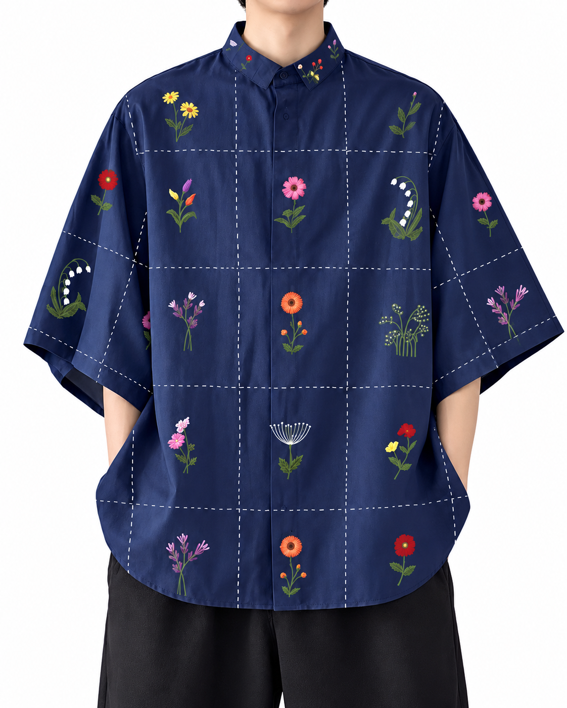 Chemise bleu marine à quadrillage et fleurs — vue complémentaire simulée sur fond blanc