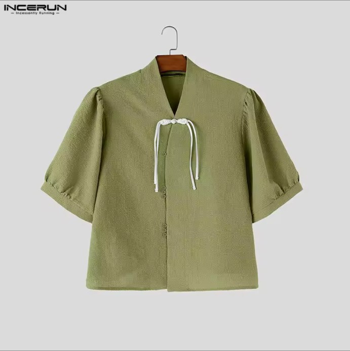Chemise ample olive à liens blancs